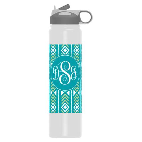 Personalized water bottles personalized with solstice pattern and monogram in turquoise and leaf green