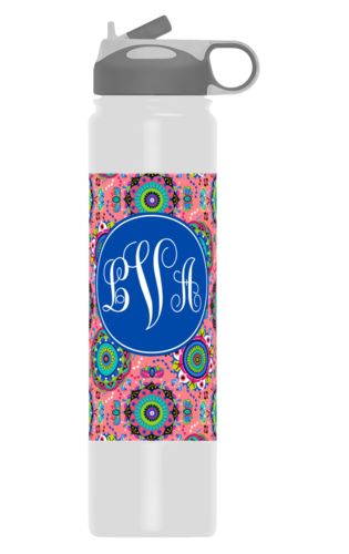 Wide mouth insulated water bottle personalized with east pattern and monogram in bright blue Wide mouth insulated water bottle personalized with east pattern and monogram in bright blue