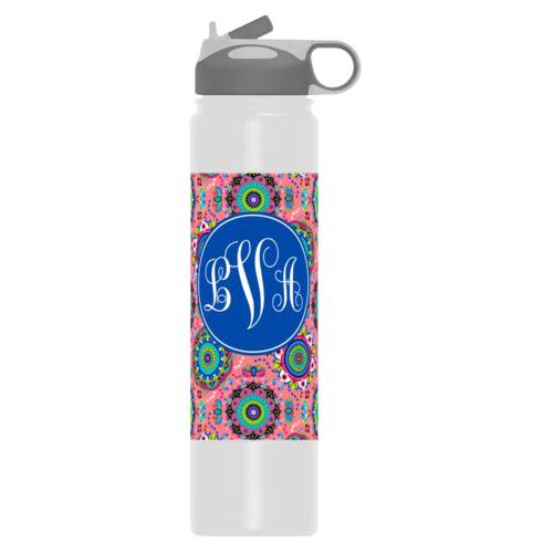 Wide mouth insulated water bottle personalized with east pattern and monogram in bright blue