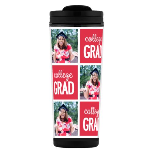 Personalized coffee travel mugs personalized with graduation photo and "college GRAD"