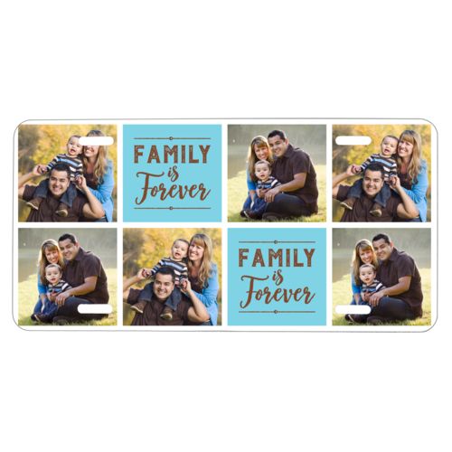 Custom car plate personalized with photos and the saying "Family Is Forever" in chocolate brown and sweet teal