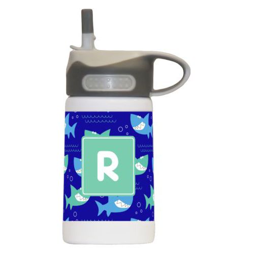 Kids water bottle personalized with sharks pattern and initial in mint