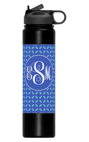 Custom water bottles personalized with clover pattern and monogram in cornflower and periwinkle Custom water bottles personalized with clover pattern and monogram in cornflower and periwinkle