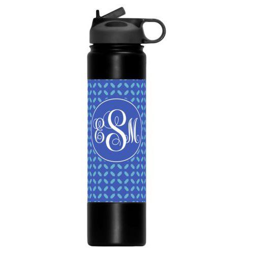 Custom water bottles personalized with clover pattern and monogram in cornflower and periwinkle
