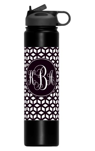 Custom water bottles personalized with triad pattern and monogram in black and white Custom water bottles personalized with triad pattern and monogram in black and white