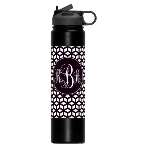Custom water bottles personalized with triad pattern and monogram in black and white