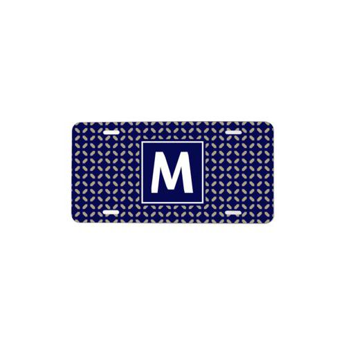 Custom car tag personalized with clover pattern and initial in true navy and bark
