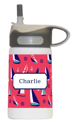 Water bottle for girls personalized with sailboats pattern and name in navy blue Water bottle for girls personalized with sailboats pattern and name in navy blue