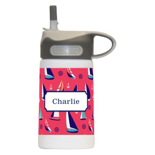 Water bottle for girls personalized with sailboats pattern and name in navy blue