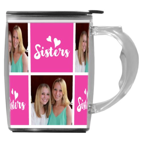 Custom mug with handle personalized with a photo and the saying "Sisters" in juicy pink and white