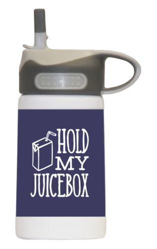 Steel water bottle for kids personalized with the saying "hold my juicebox" in navy and white Steel water bottle for kids personalized with the saying "hold my juicebox" in navy and white