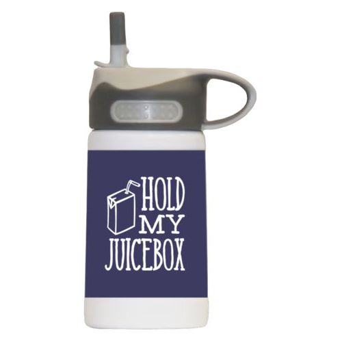 Steel water bottle for kids personalized with the saying "hold my juicebox" in navy and white