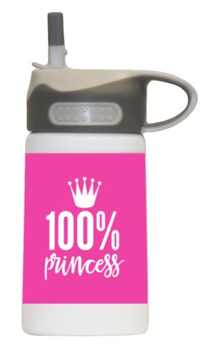 Kids insulated bottle personalized with the saying "100% princess" in juicy pink and white Kids insulated bottle personalized with the saying "100% princess" in juicy pink and white