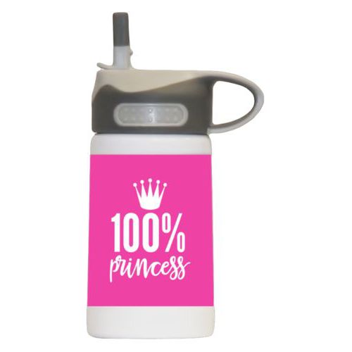 Kids insulated bottle personalized with the saying "100% princess" in juicy pink and white