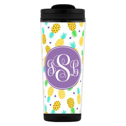 Custom tall coffee mug personalized with pineapples pattern and monogram in grape purple