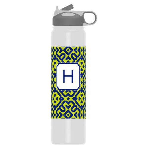 Monogrammed water bottles personalized with plaid pattern and initial in marine and chartreuse