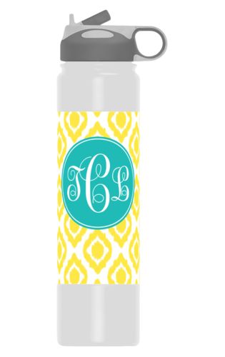 Custom water bottles personalized with batik pattern and monogram in robin's egg blue and yellow sunshine Custom water bottles personalized with batik pattern and monogram in robin's egg blue and yellow sunshine