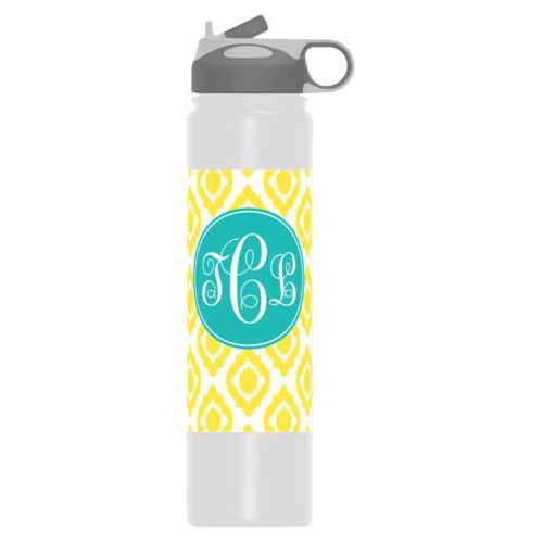Custom water bottles personalized with batik pattern and monogram in robin's egg blue and yellow sunshine