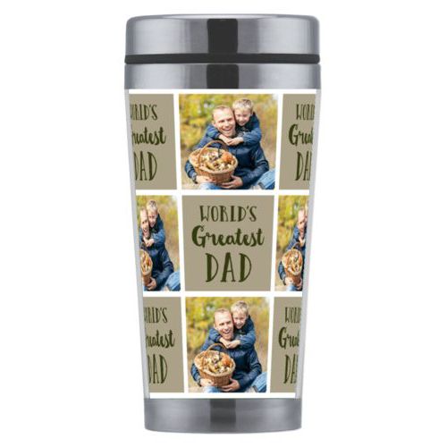 Personalized coffee mug personalized with a photo and the saying "World's Greatest Dad" in olive and bark