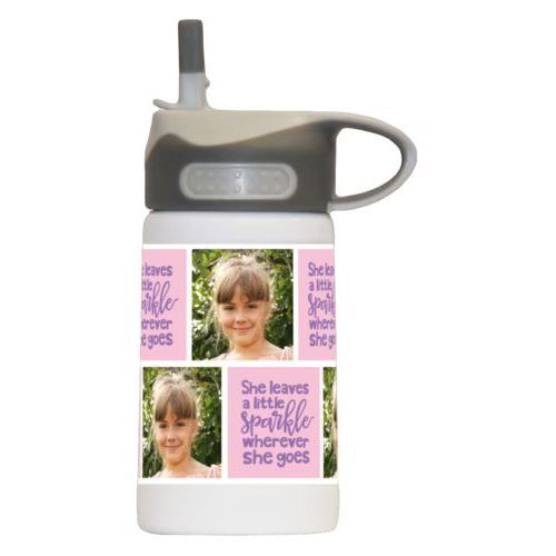 Custom kids water bottle personalized with a photo and the saying "she leaves a little sparkle wherever she goes" in grape purple and rosy cheeks pink