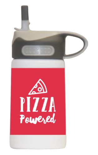Water bottle for kids personalized with the saying "pizza powered" in cherry red and white Water bottle for kids personalized with the saying "pizza powered" in cherry red and white
