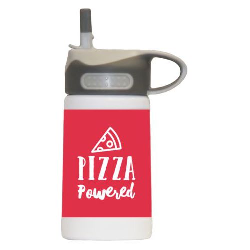 Water bottle for kids personalized with the saying "pizza powered" in cherry red and white