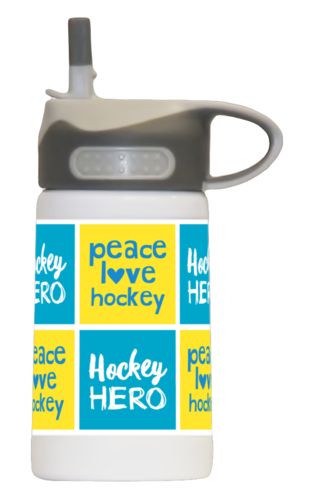 Personalized water bottle for kids personalized with sayings "hockey hero" in juicy blue and white and "peace love hockey" in true blue and lemon meringue Personalized water bottle for kids personalized with sayings "hockey hero" in juicy blue and white and "peace love hockey" in true blue and lemon meringue