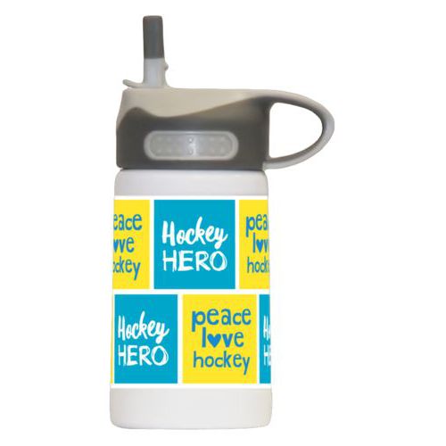 Personalized water bottle for kids personalized with sayings "hockey hero" in juicy blue and white and "peace love hockey" in true blue and lemon meringue