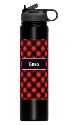 Custom printed water bottles personalized with check pattern and name in black and strong red Custom printed water bottles personalized with check pattern and name in black and strong red