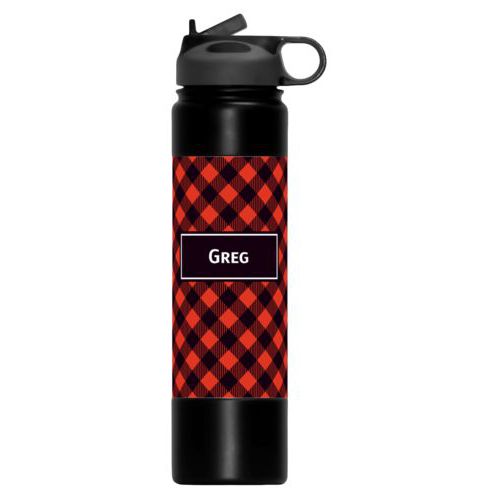 Custom printed water bottles personalized with check pattern and name in black and strong red