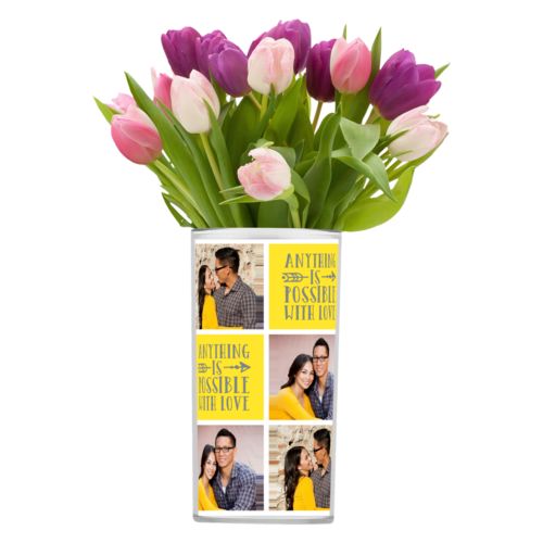 Personalized vase personalized with photos and the saying "anything is possible with love" in silver and lemon meringue