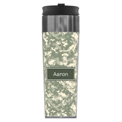 Personalized steel mug personalized with army camo pattern and name in military gray