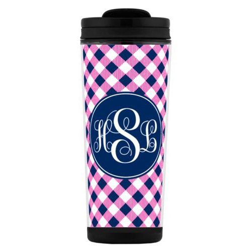 Custom tall coffee mug personalized with check pattern and monogram in navy blue and juicy pink
