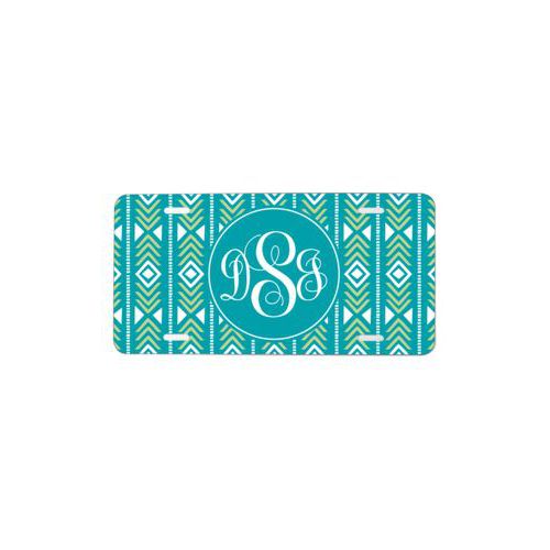Custom plate personalized with solstice pattern and monogram in turquoise and leaf green