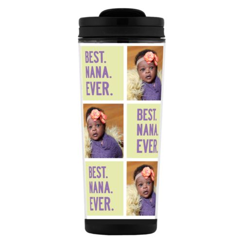 Personalized coffee travel mugs personalized with granddaughter photo and "BEST NANA EVER"