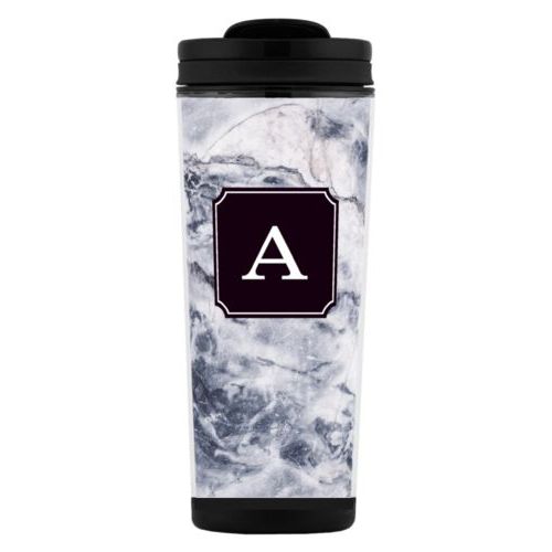 Custom tall coffee mug personalized with white pattern and initial in black licorice