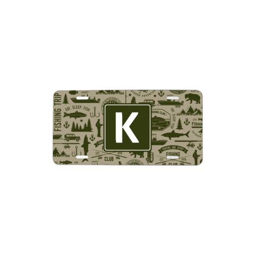 Custom license plate personalized with fishing club pattern and initial in olive and bark