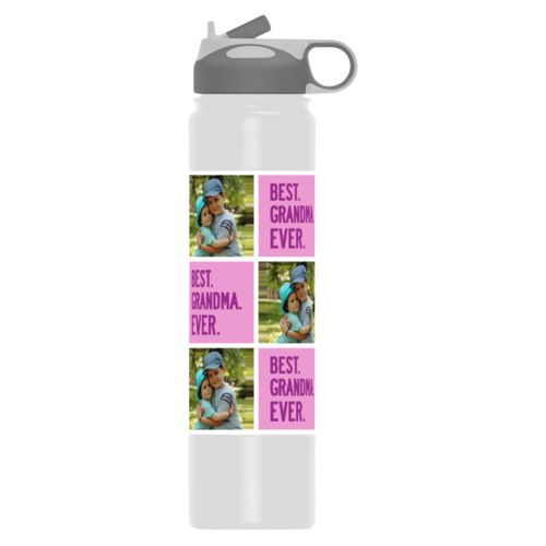 Personalized water bottle personalized with a photo and the saying "Best Grandma Ever" in eggplant and thistle