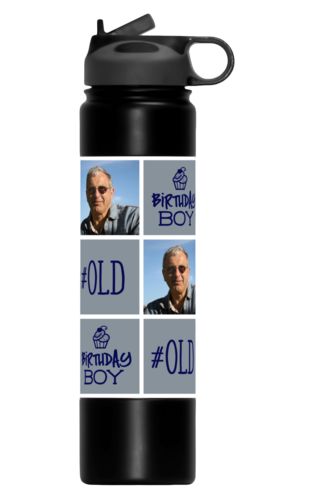 Insulated water bottle personalized with a photo and sayings "#old" in true navy and gray and "birthday boy" in true navy and gray Insulated water bottle personalized with a photo and sayings "#old" in true navy and gray and "birthday boy" in true navy and gray