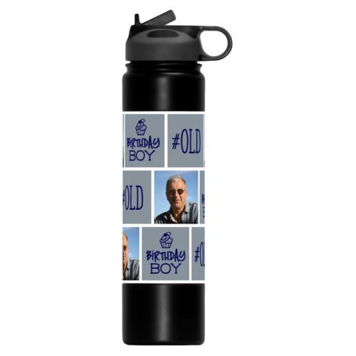 Insulated water bottle personalized with a photo and sayings "#old" in true navy and gray and "birthday boy" in true navy and gray