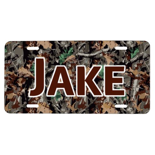 Custom license plate personalized with hunting camo pattern and the saying "Jake"