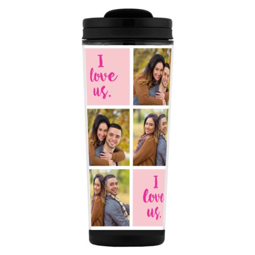 Personalized coffee travel mugs personalized with couple photo and "I love us" Personalized coffee travel mugs personalized with couple photo and "I love us"