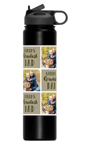 Vacuum insulated water bottle personalized with a photo and the saying "World's Greatest Dad" in olive and bark Vacuum insulated water bottle personalized with a photo and the saying "World's Greatest Dad" in olive and bark