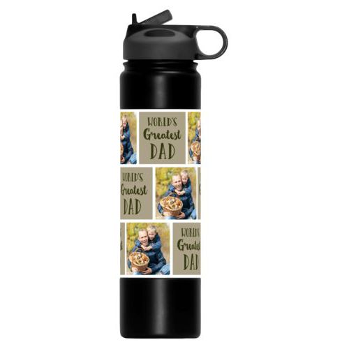 Vacuum insulated water bottle personalized with a photo and the saying "World's Greatest Dad" in olive and bark