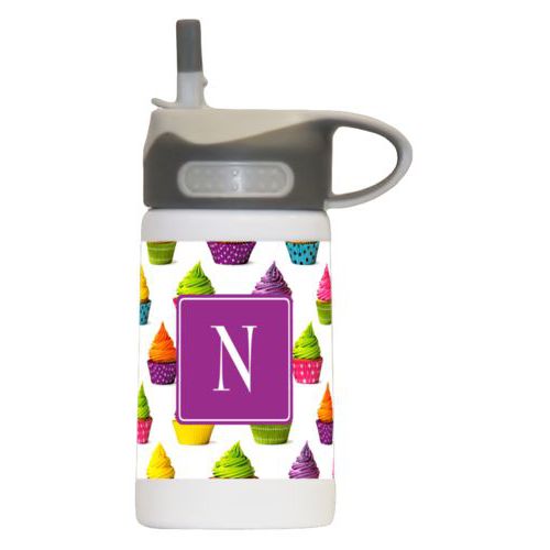 Kids drink bottle personalized with cupcakes pattern and initial in eggplant