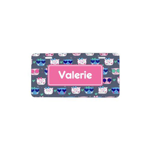 Custom car plate personalized with kitties pattern and name in pretty pink