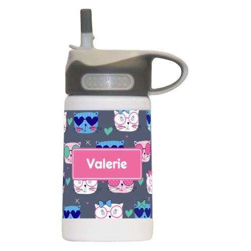 Kids stainless steel water bottle personalized with kitties pattern and name in pretty pink
