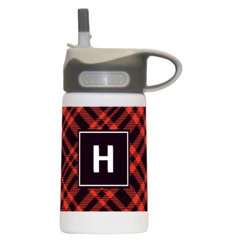 Kids water bottle for school personalized with tartan pattern and initial in black and strong red