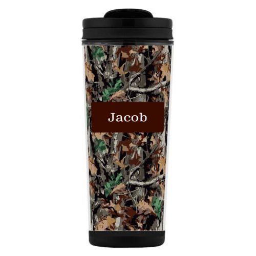 Custom tall coffee mug personalized with hunting camo pattern and name in chocolate brown party goods