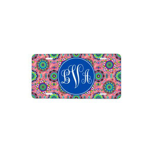 Custom vanity plate personalized with east pattern and monogram in bright blue